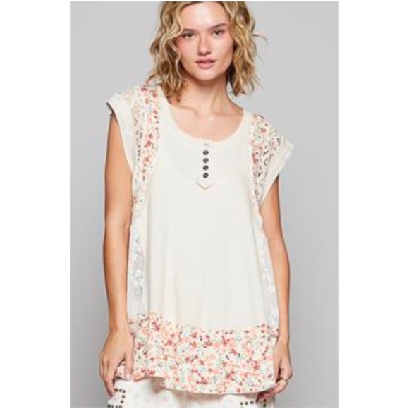 POL Cream Floral Print button Lace Tunic Tank Top - Picture 5 of 5
